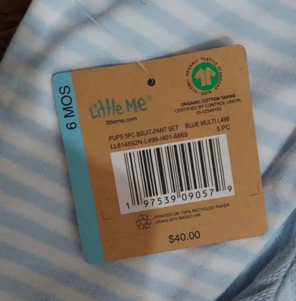 NWT Little Me Organic Pups 5 PC Bodysuit & Pant Set  ~sz 6 MOS